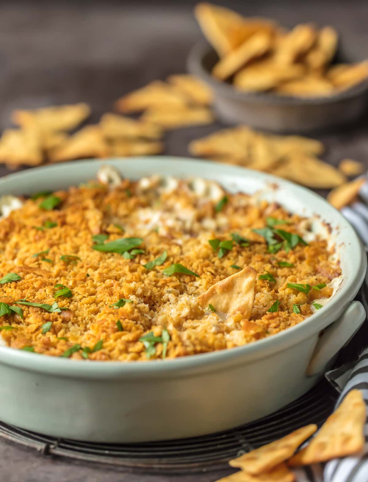 Cream Cheese Chicken Dip in a white baking dish