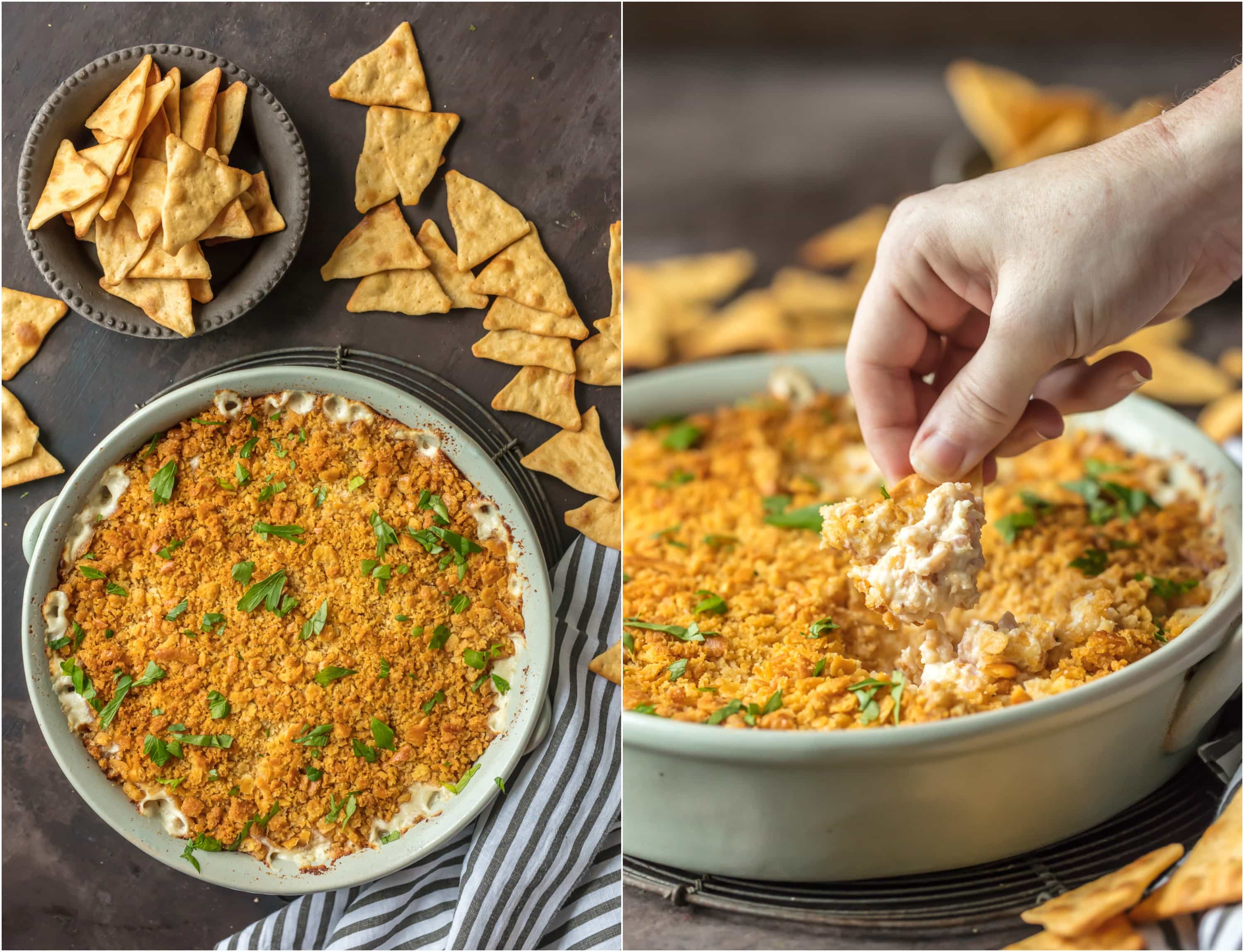 This CHICKEN CORDON BLEU DIP is so tasty and fun! The perfect tailgating dip, tailor made for the Super Bowl, holiday parties, and beyond! Loaded with chicken, ham, swiss, and a white wine sauce!