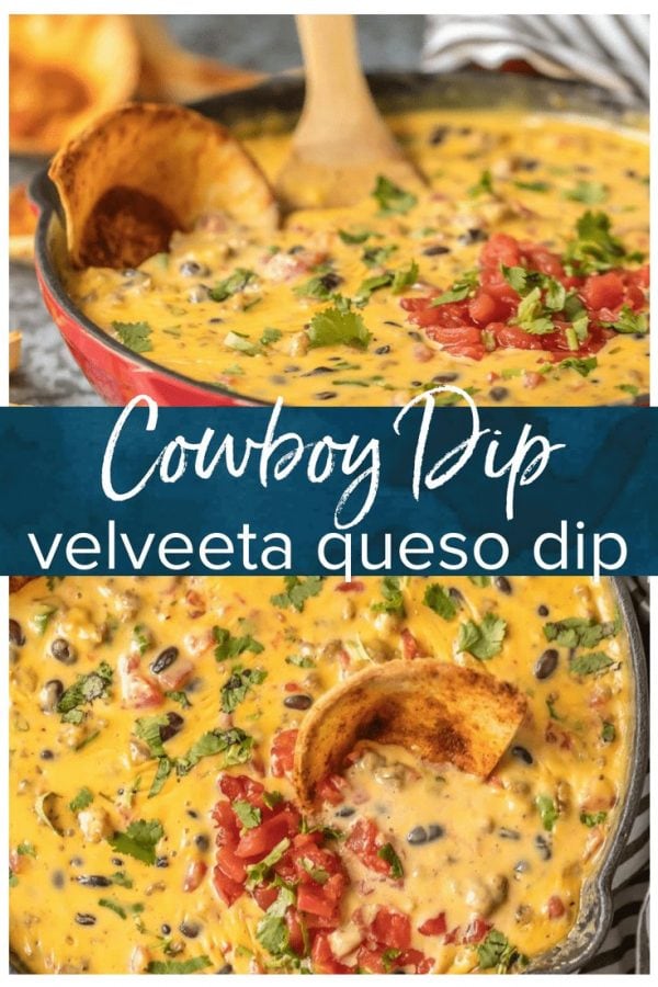 Cowboy Dip Queso (Loaded Velveeta Queso Dip) is the ultimate Super Bowl appetizer. This EASY Rotel Dip recipe is loaded with Velveeta, beer, pepper jack, black beans, Rotel, and sausage!