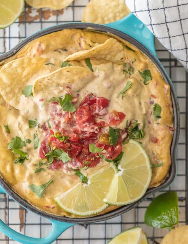Vegan queso with chips on wire rack