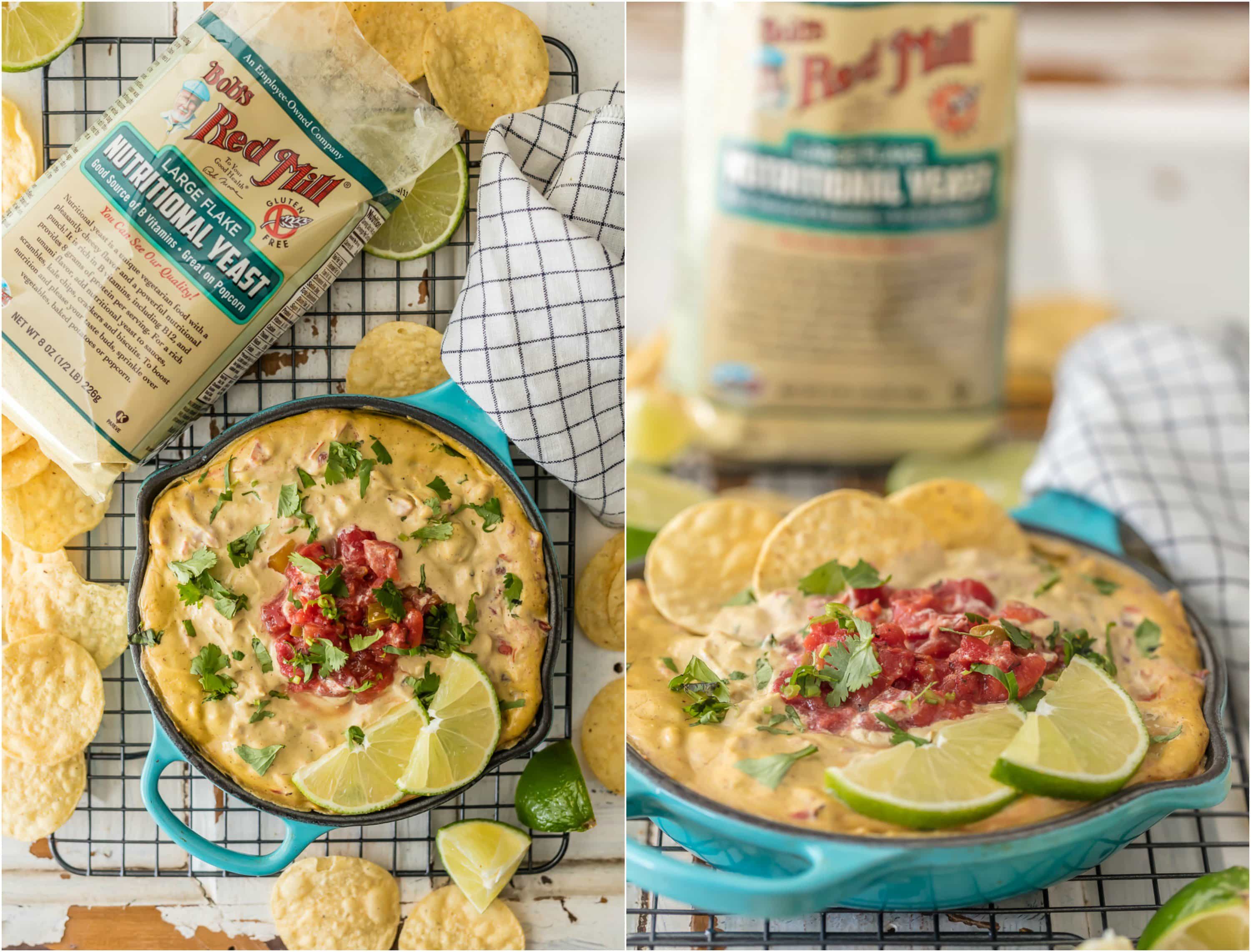 vegan queso dip next to a bag of Bob's Red Mill Nutritional Yeast