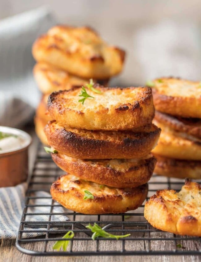 ranch dip biscuits stacked on a wire rack