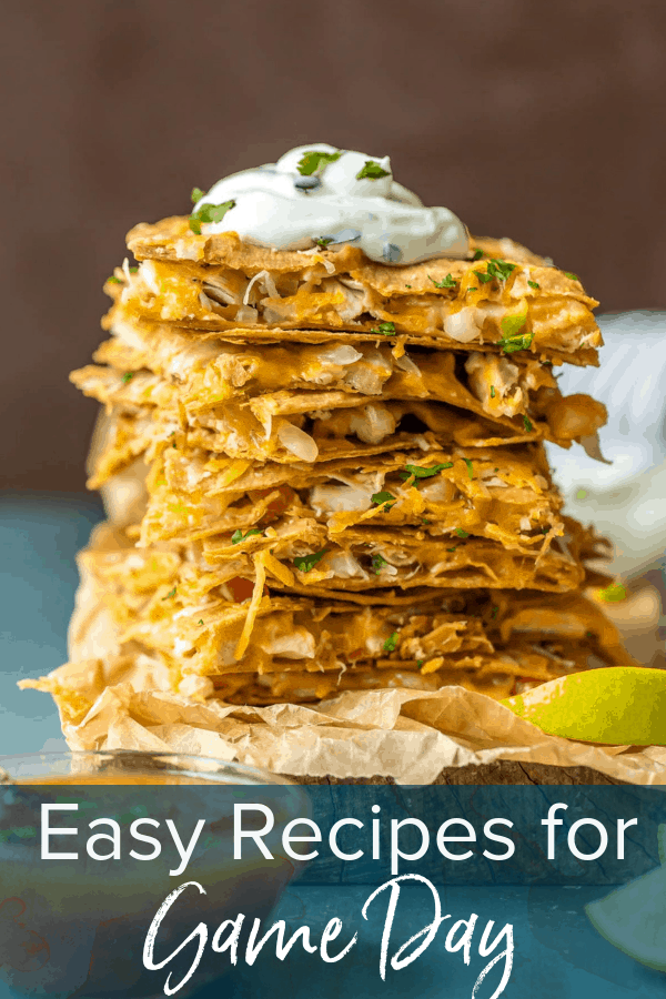photo of chicken quesadillas with text overlay. text reads: easy recipes for game day