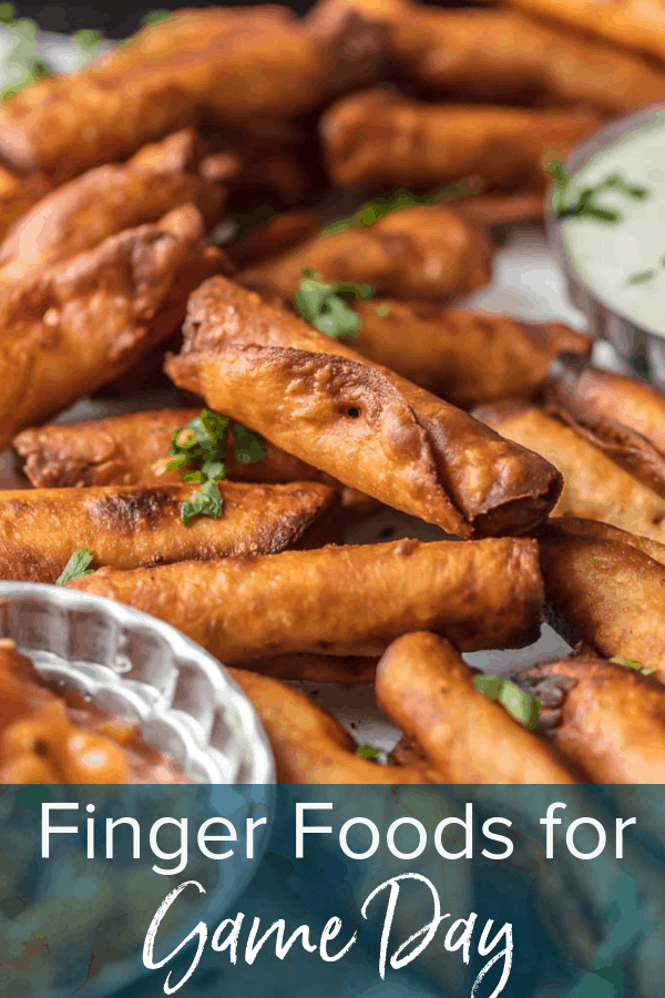 photo of taquitos with text overlay. text reads: Finger Foods for Game Day