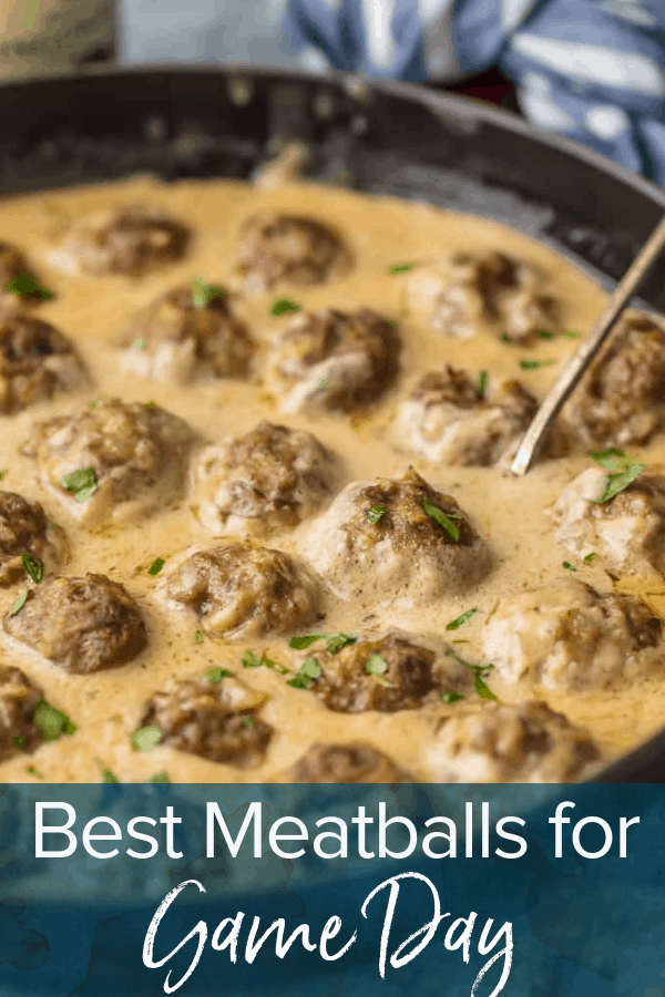 foto di polpette con sovrapposizione di testo. Il testo recita: best meatballs for game day