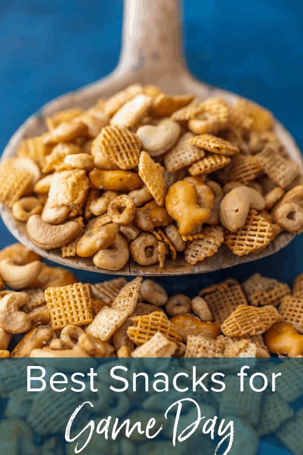 photo of Chex Mix recipe with text overlay. text reads: Best Snacks for Game Day