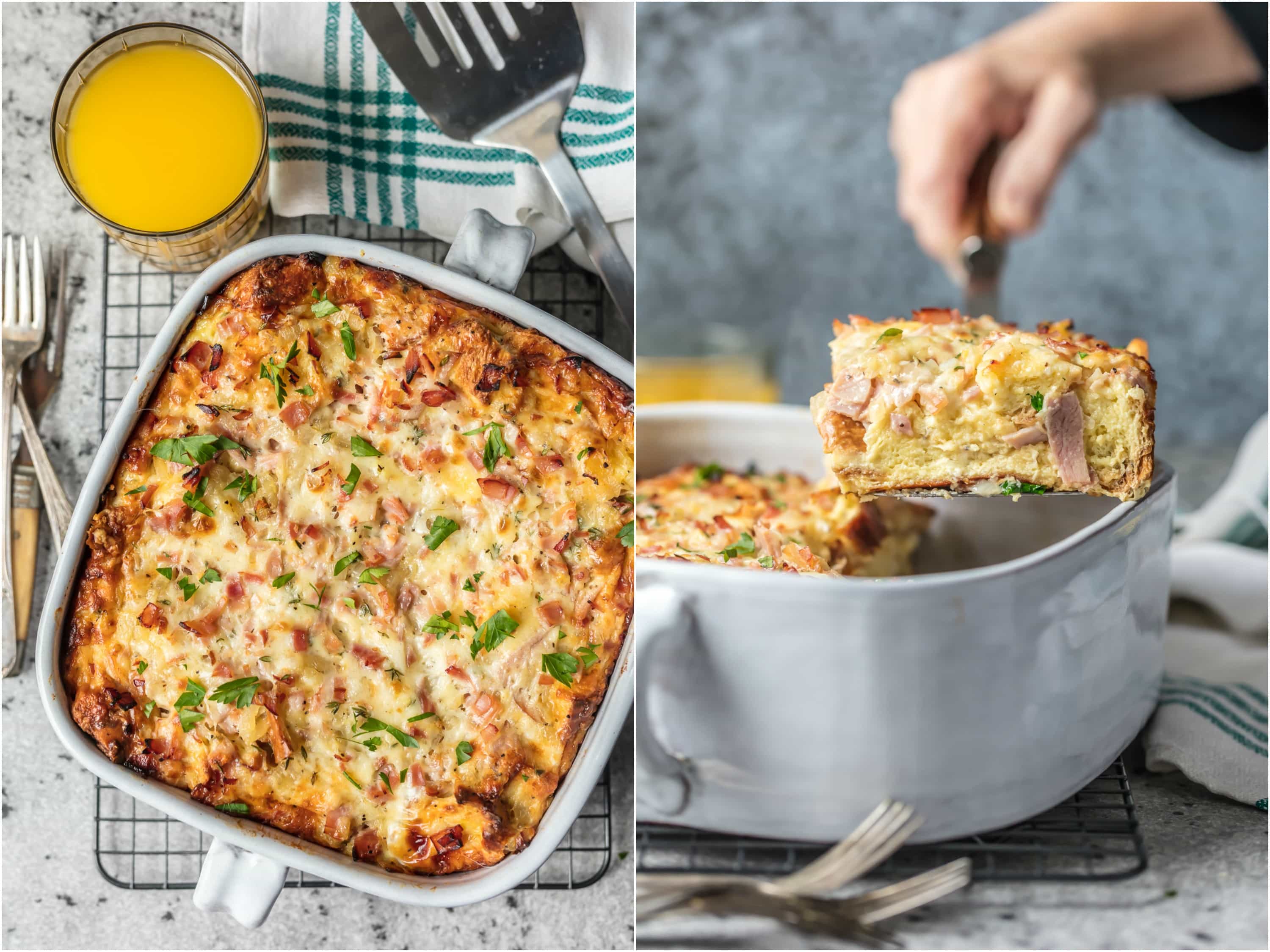 This HAM AND CHEESE BREAKFAST CASSEROLE is our favorite make ahead breakfast for any special occasion. Loaded with ham, cheese, , bread, eggs, herbs, and more! Sure to please everyone and just so easy to make!