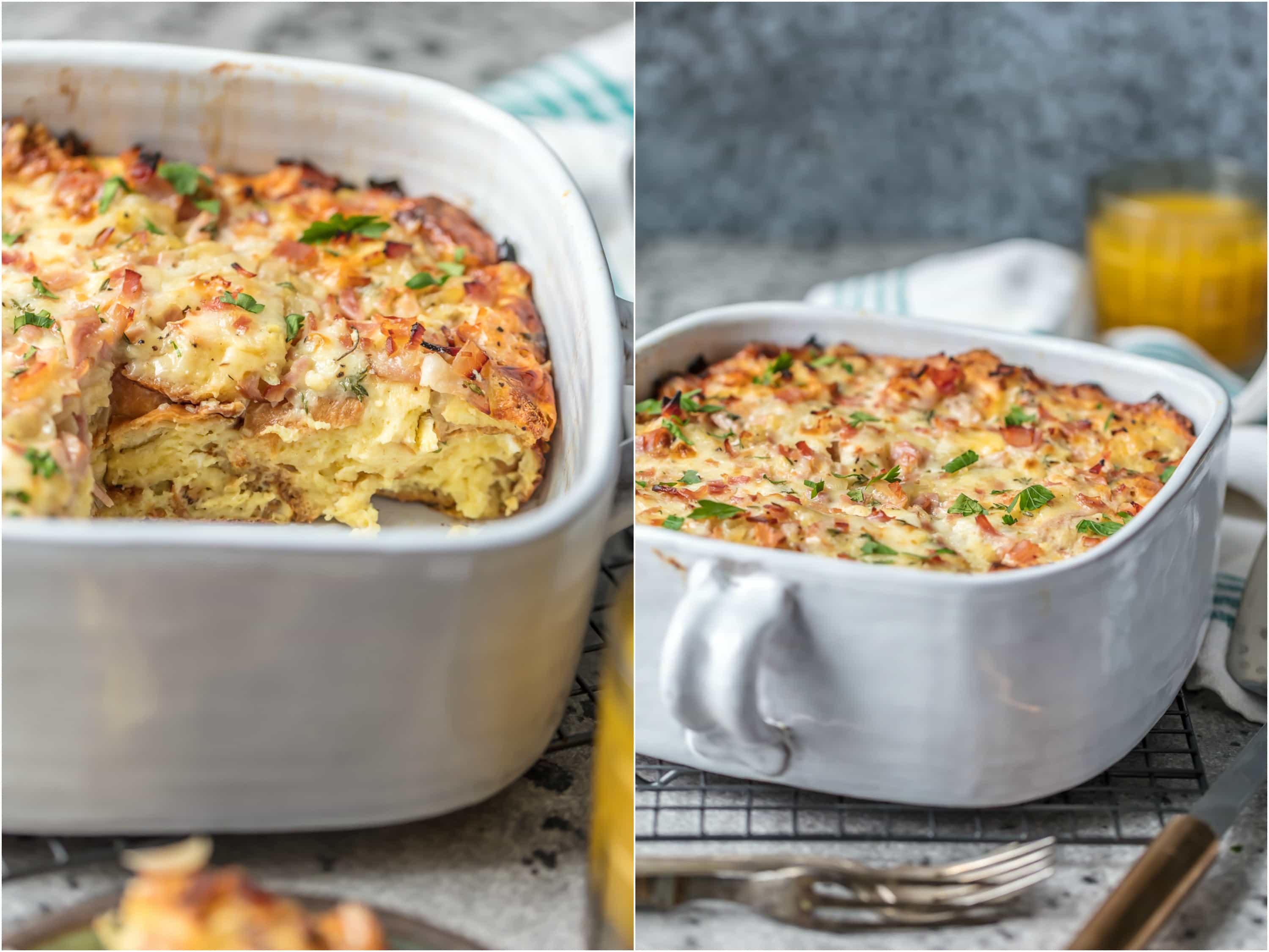 This HAM AND CHEESE BREAKFAST CASSEROLE is our favorite make ahead breakfast for any special occasion. Loaded with ham, cheese, , bread, eggs, herbs, and more! Sure to please everyone and just so easy to make!