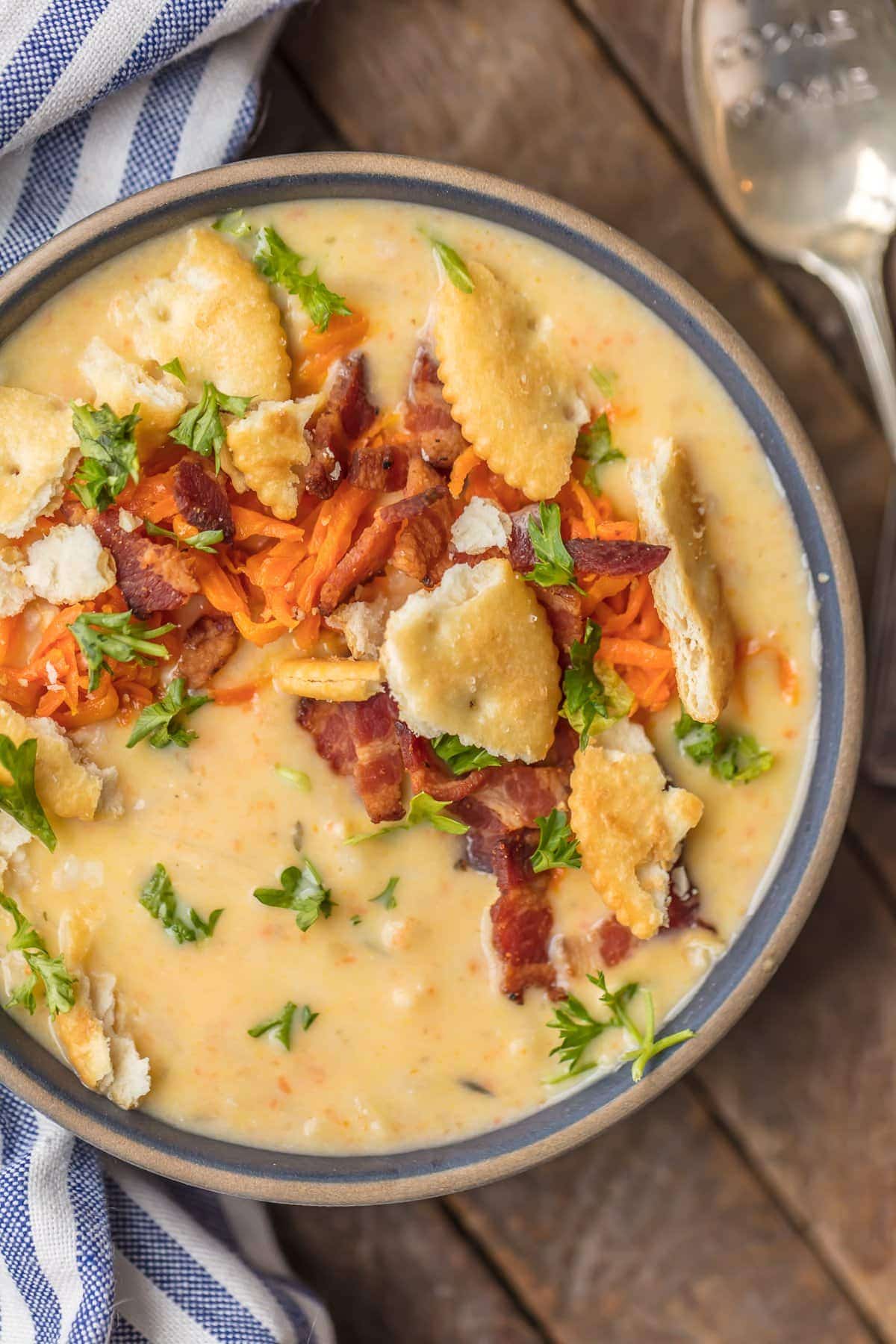 overhead view of a bowl of hash brown potato soup loaded with toppings