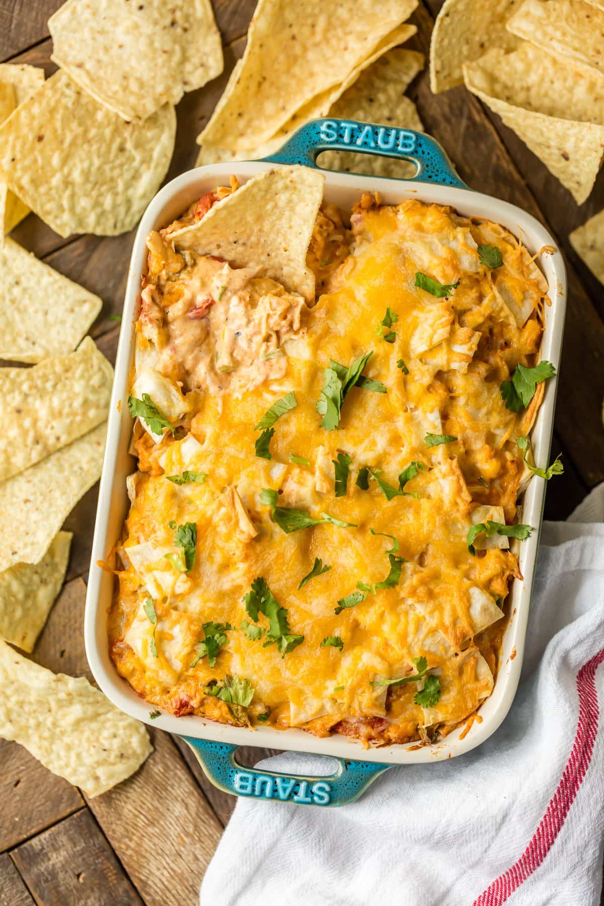 King Ranch Chicken Rotel Dip in a blue casserole dish