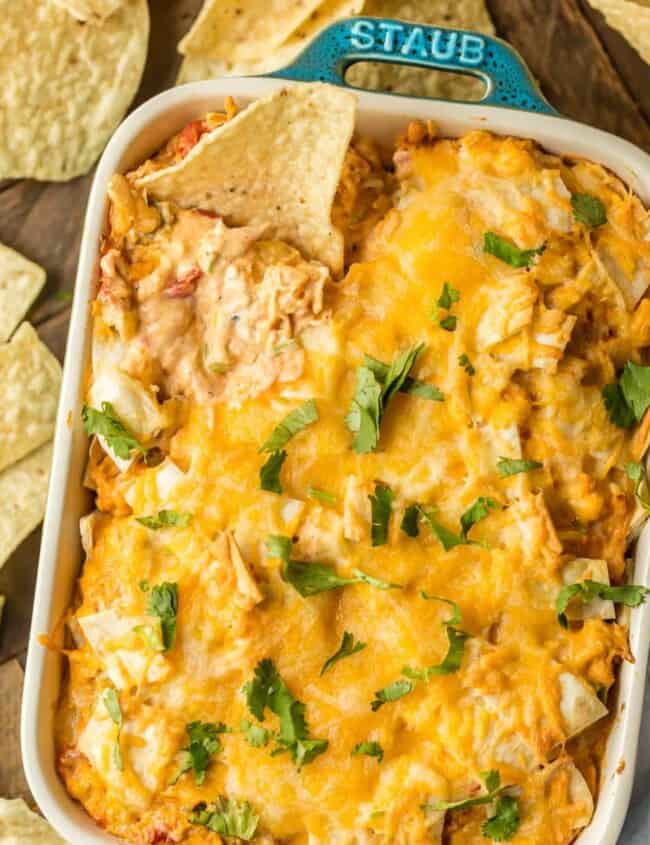 KING RANCH CHICKEN ROTEL DIP is a fun twist on a classic family favorite casserole. The flavors of chicken, rotel, cheese, and tortillas lend themselves easily to a delicious dip. This King Ranch Chicken Dip is just perfect for the Super Bowl!