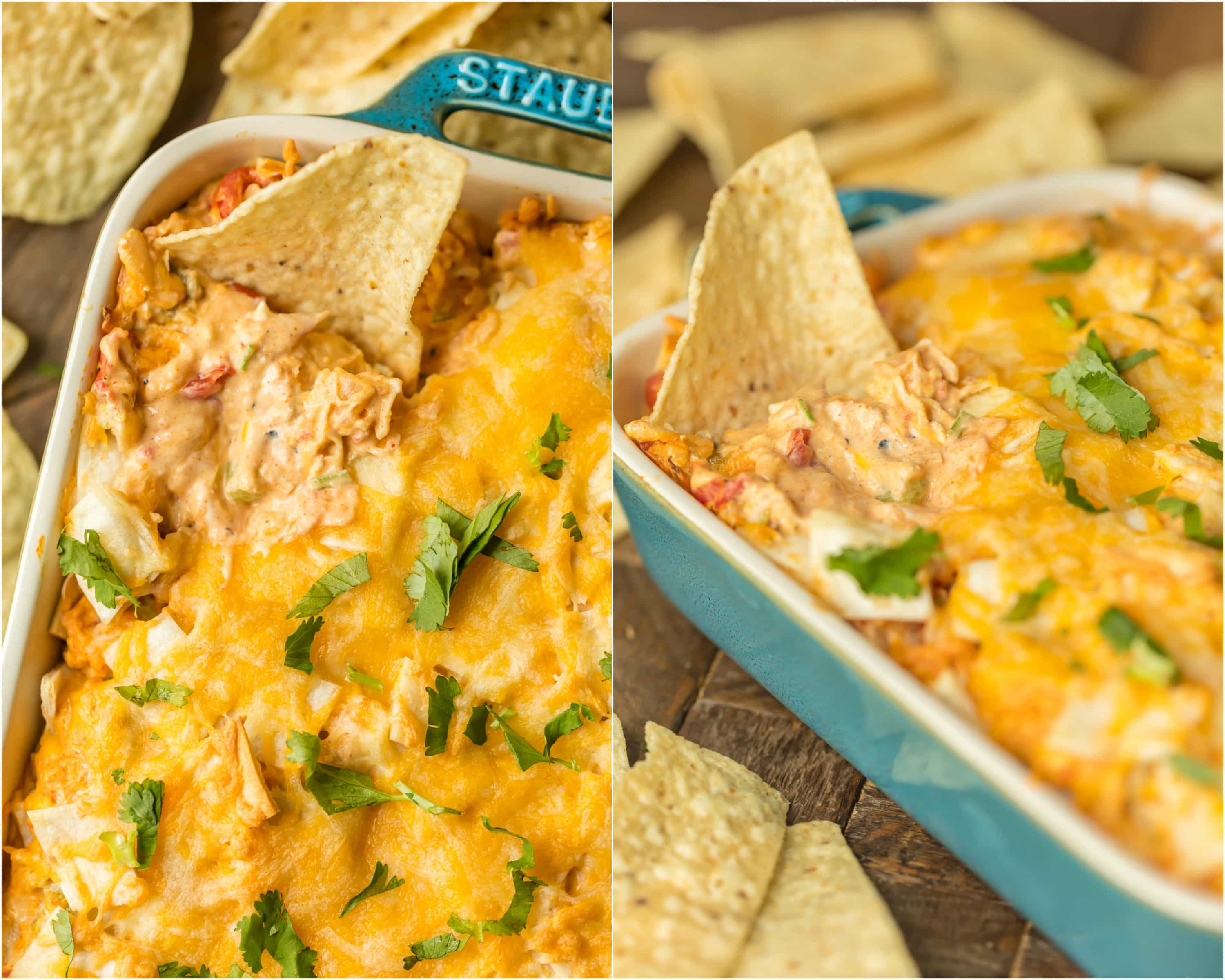 KING RANCH CHICKEN DIP is a fun twist on a classic family favorite casserole. The flavors including chicken, rotel, cheese, and tortillas lend themselves easily to a delicious dip, just perfect for the Super Bowl!