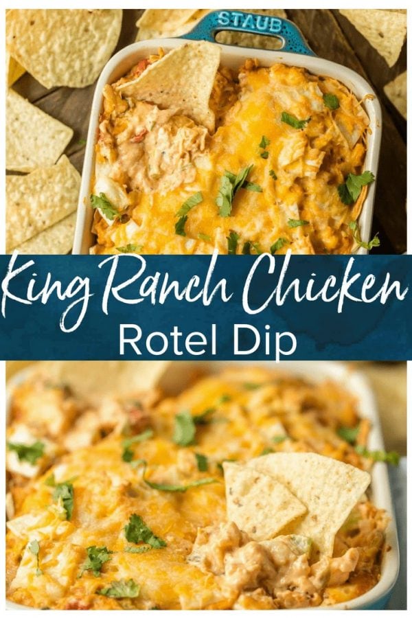 KING RANCH CHICKEN ROTEL DIP is a fun twist on a classic family favorite casserole. The flavors of chicken, rotel, cheese, and tortillas lend themselves easily to a delicious dip. This King Ranch Chicken Dip is just perfect for the Super Bowl!