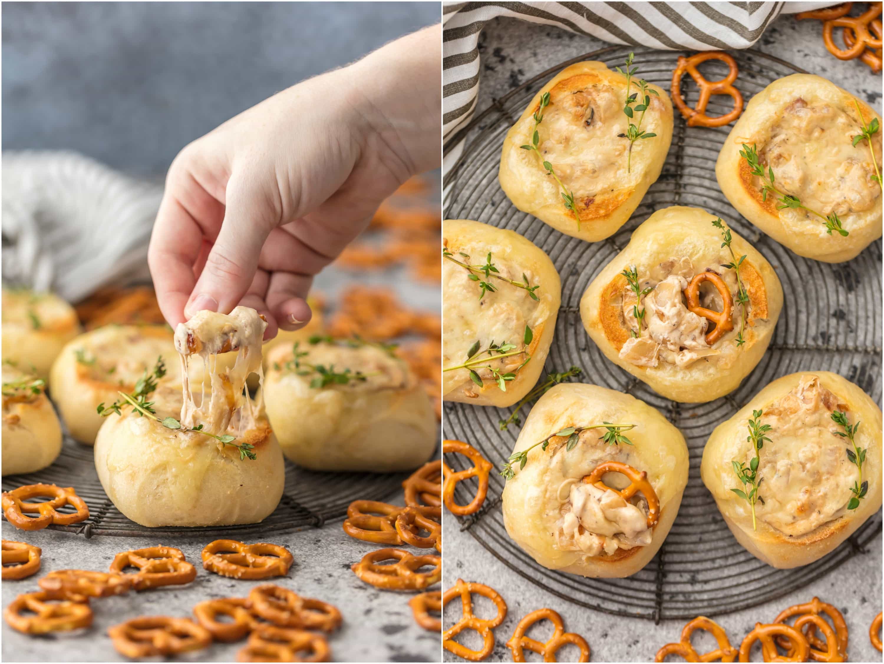 Dinner rolls filled with french onion dip, using pretzels for dipping