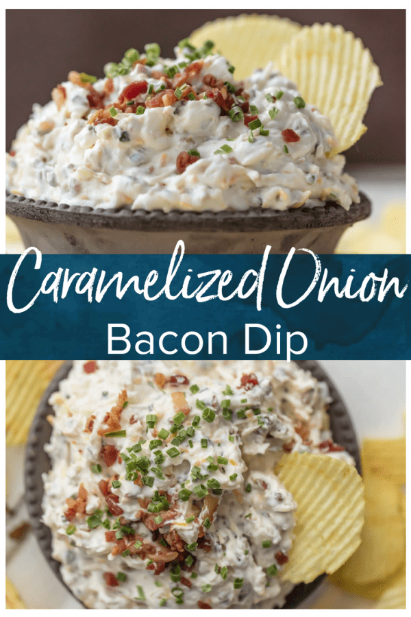 CARAMELIZED ONION DIP is the ultimate super easy appetizer to make for game day! This amazing sour cream and bacon dip is made in minutes and loved by all. It's filled with so much flavor, and so many delicious ingredients, like bacon, sour cream, onions, and chives.