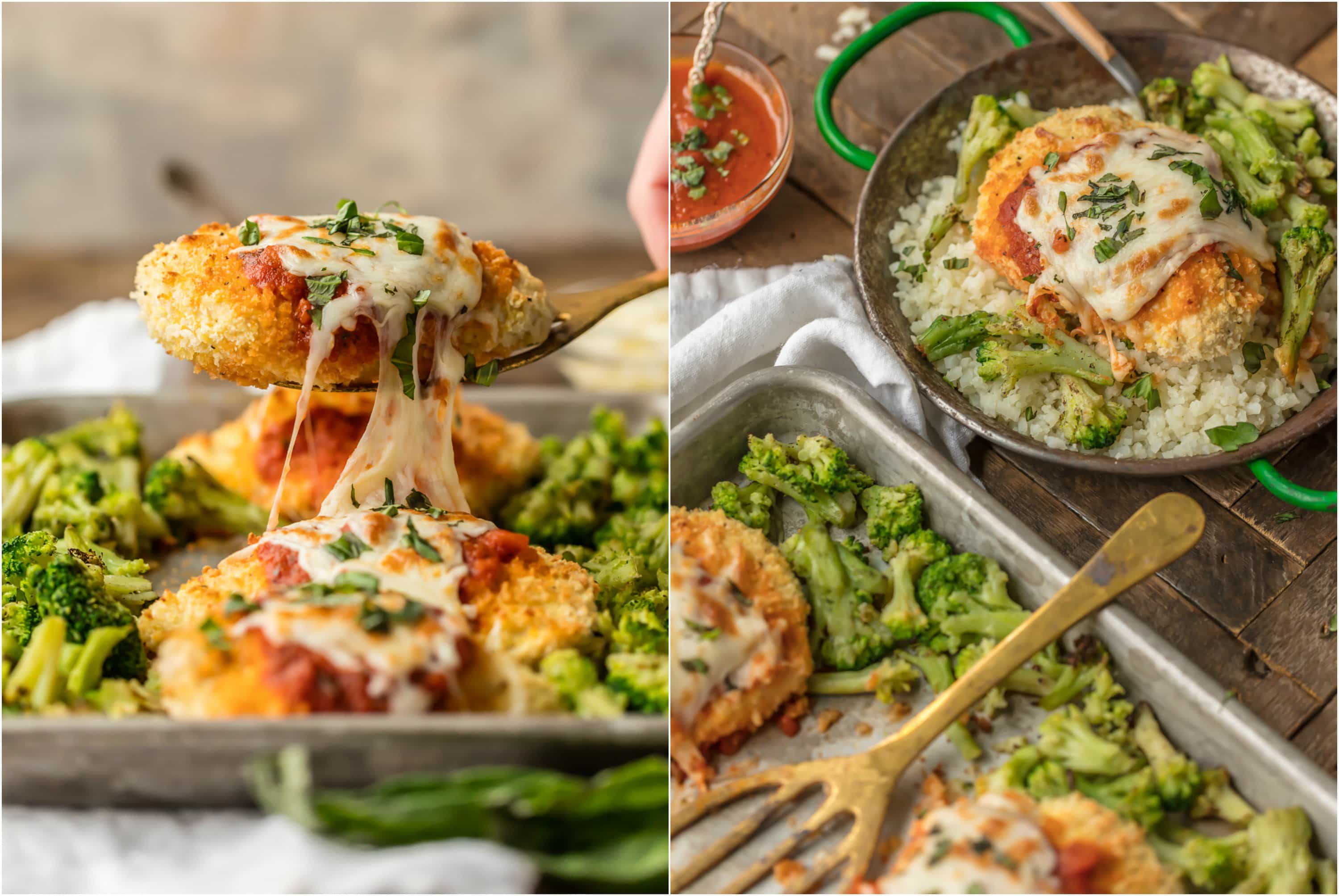 This amazing SHEET PAN CHICKEN PARMESAN with roasted broccoli and riced cauliflower is SO easy and an instant family favorite. Healthy Baked Chicken Parmesan topped with marinara, melty mozzarella, and fresh basil...what could be better?