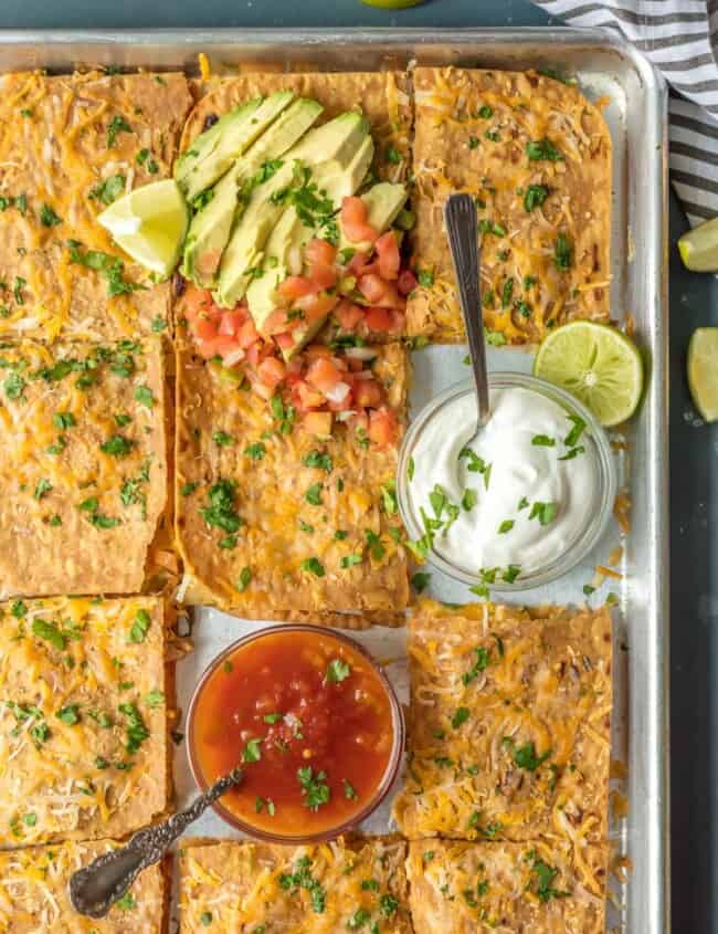 chicken quesadillas on a sheet pan