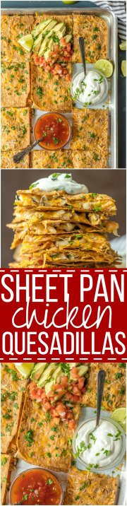 SHEET PAN CHICKEN QUESADILLAS are the easiest and best way to make delicious quesadillas for a crowd! These baked quesadillas can be made with any filling and toppings, and are sure to please even the pickiest eaters.