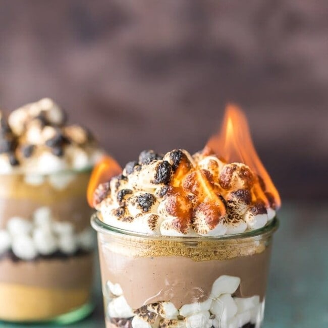 smore breakfat parfait with fire roasting marshmallows on top
