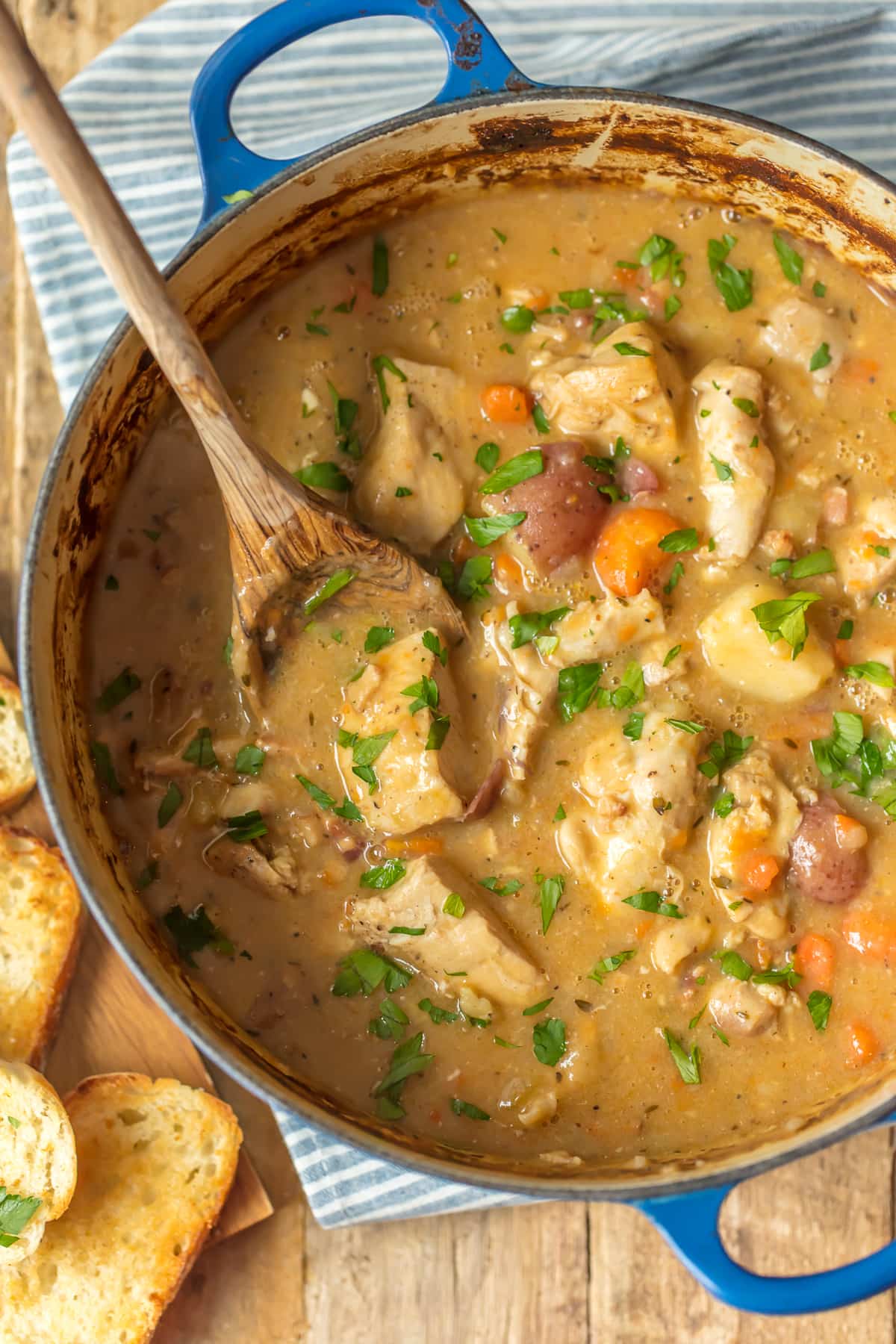 Chicken stew recipe with potatoes, carrots, white wine, and more