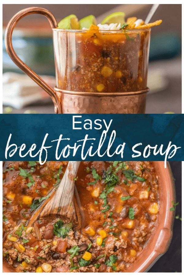 BEEF TORTILLA SOUP is such an easy and delicious comfort food! Loaded with spices, corn, tomatoes, and everything you'd expect from the perfect tortilla soup. Top with shredded cheese, tortilla strips, and all the fixings for the ultimate easy tortilla soup!