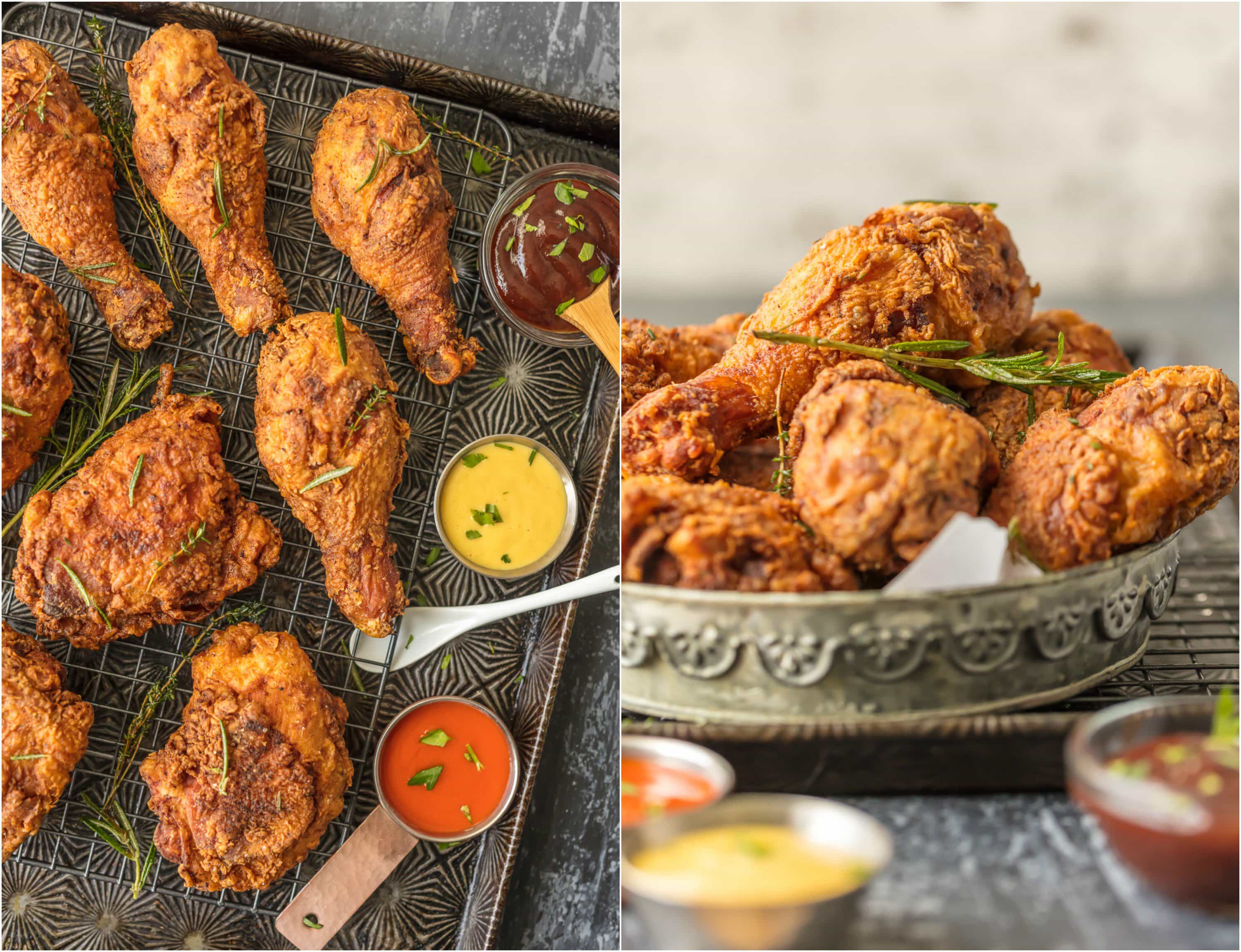 display of fried chicken and fried chicken pieces in a serving bowl