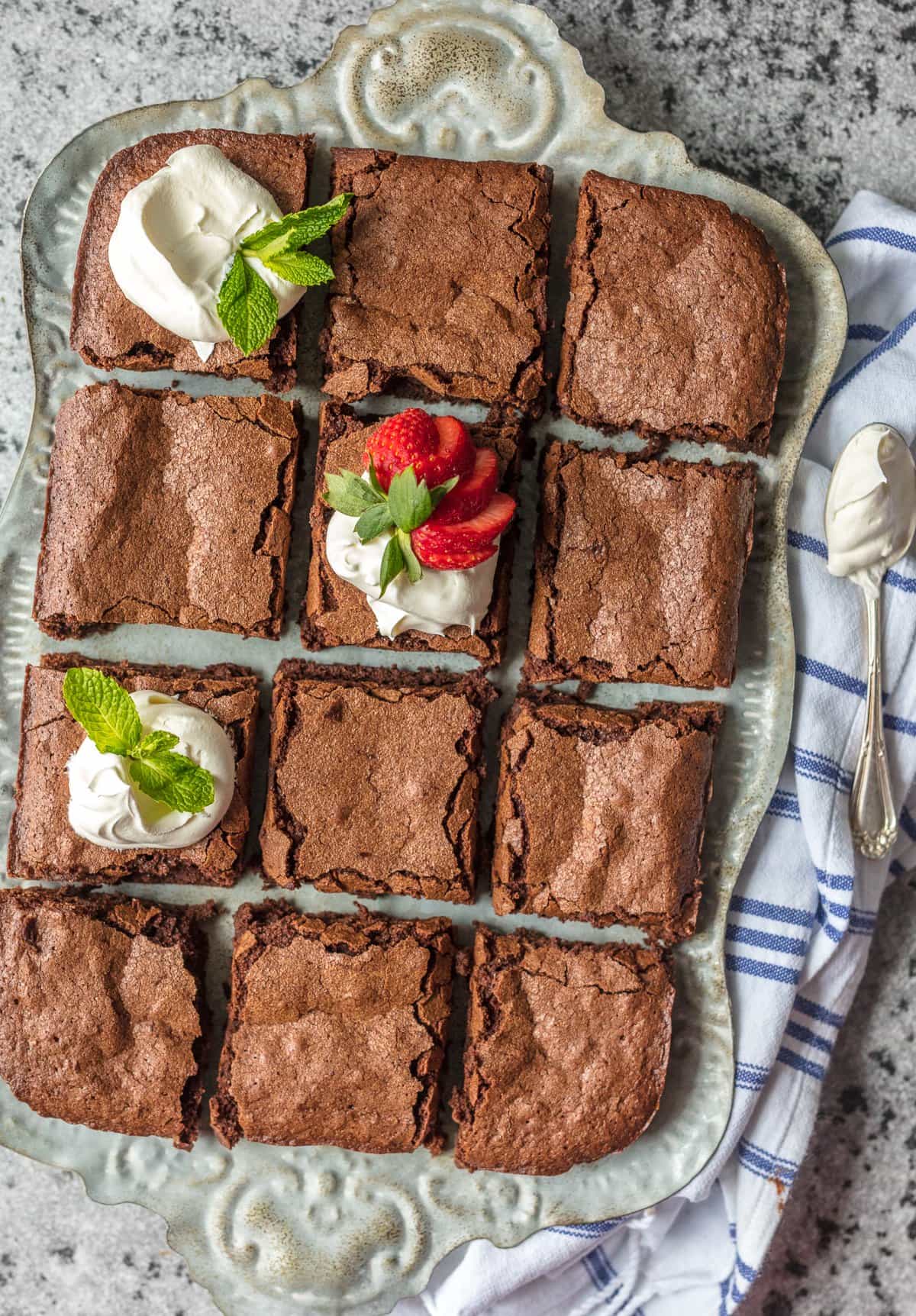 sliced brownies on a serving platter