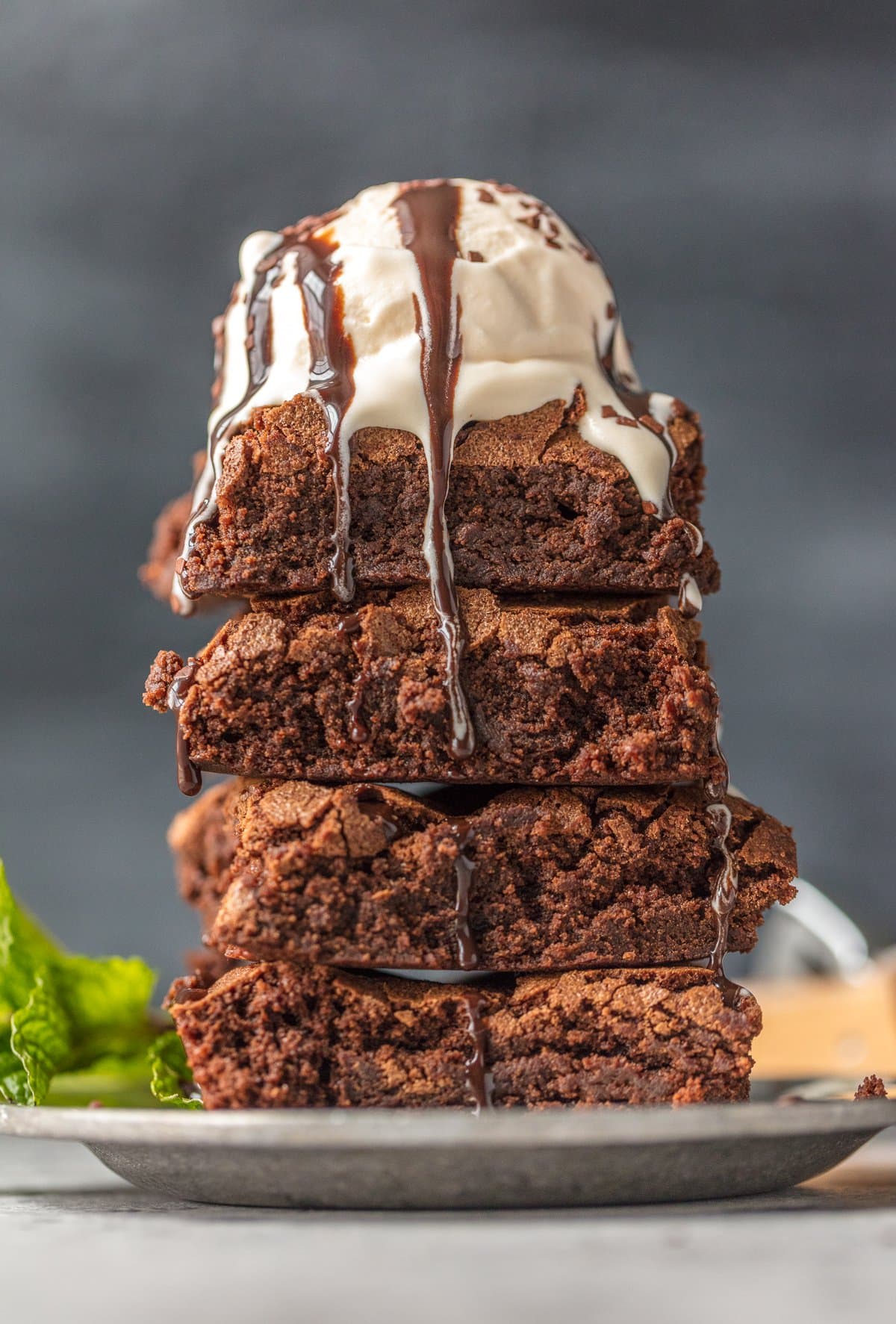 a stack of homemade brownies