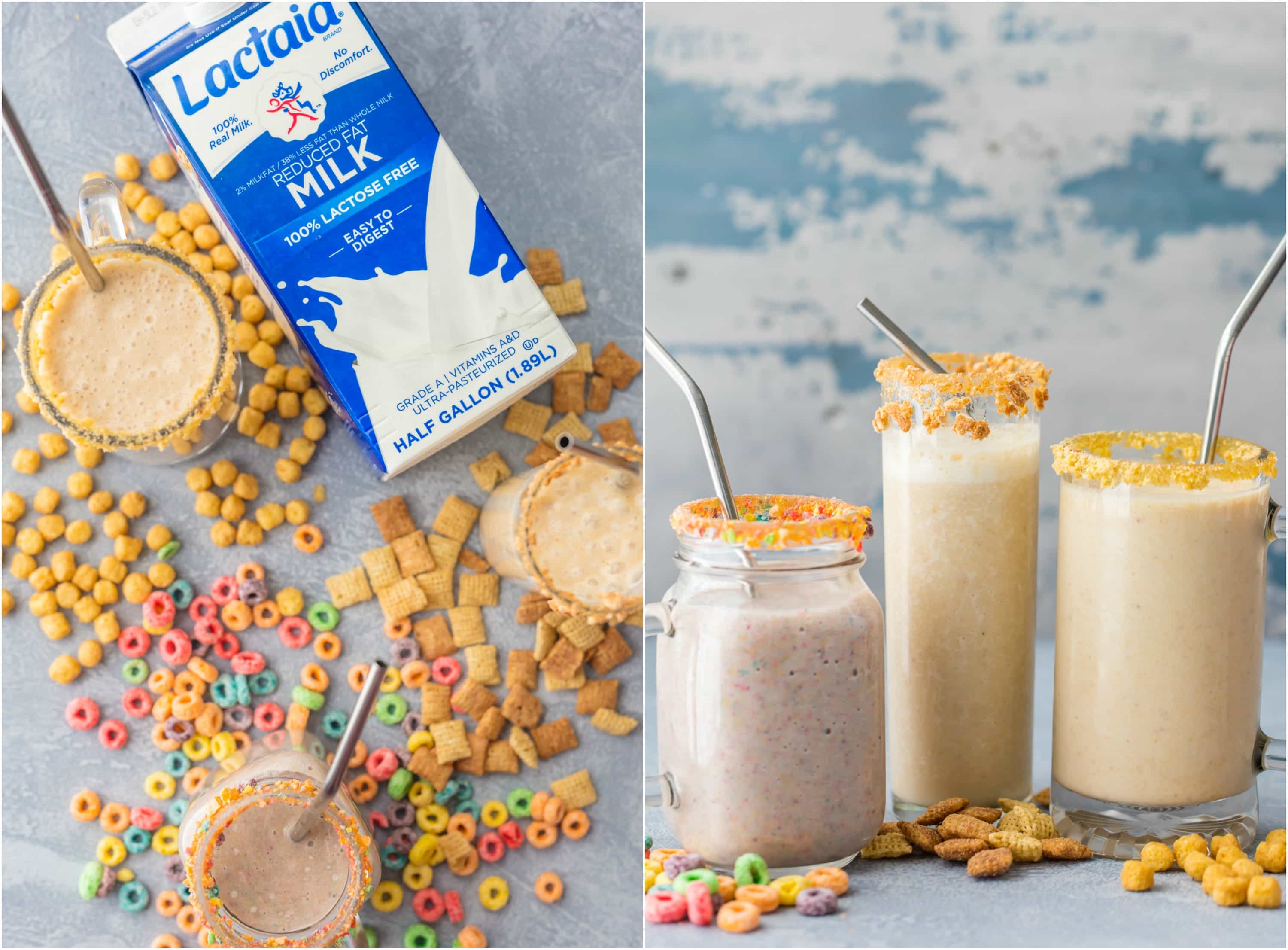 Food on a table, with Smoothie and Milk