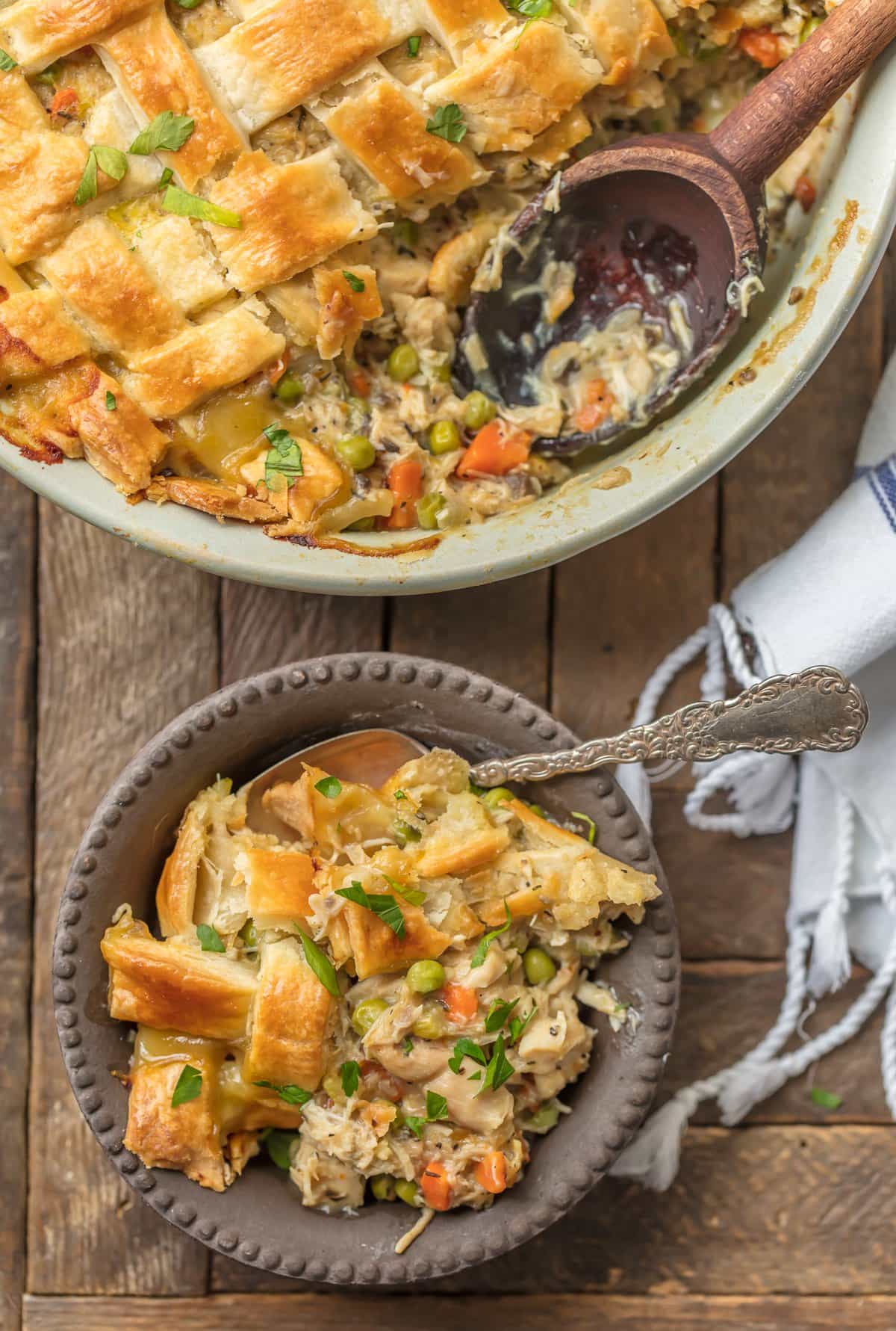 chicken pot pie in a serving dish next to a bowl of it