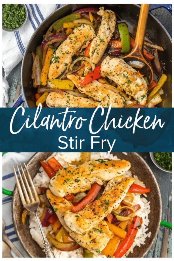 This CILANTRO CHICKEN STIR FRY recipe is an easy, delicious, and HEALTHY dinner you can make in just minutes! So much flavor and none of the fuss. Loaded with chicken, peppers, onions, and cilantro...yum!