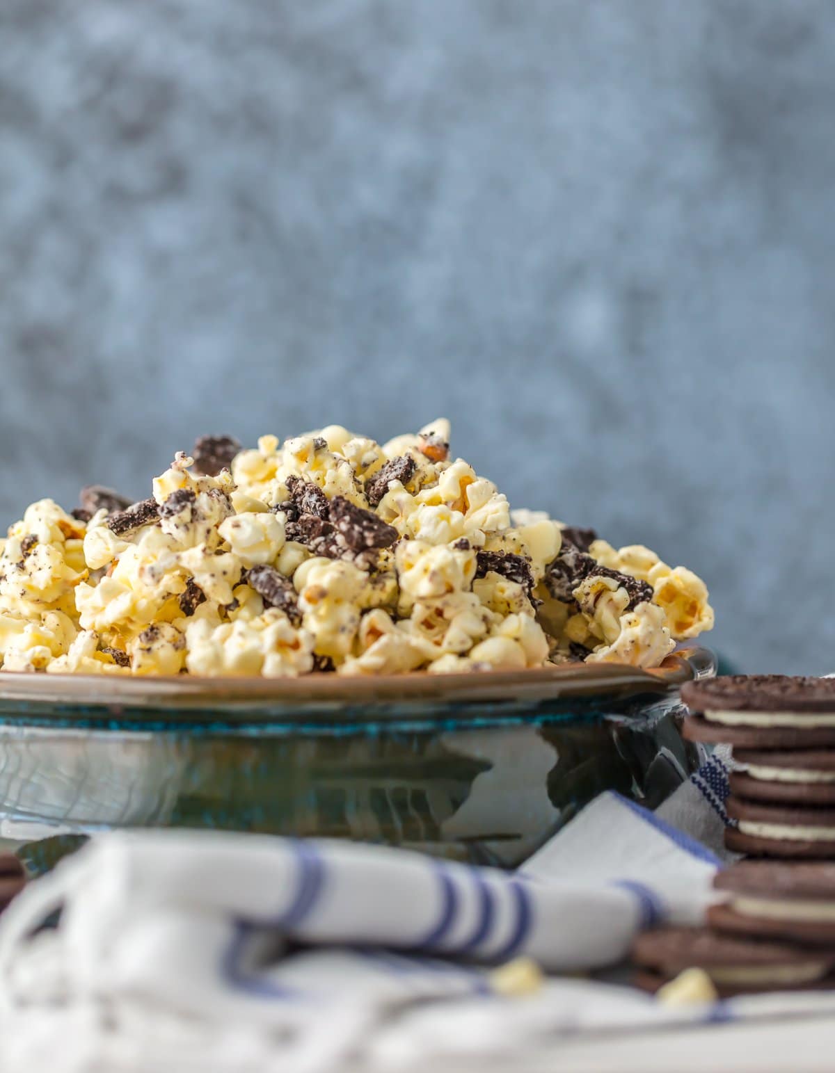 A bowl of white chocolate Oreo popcorn