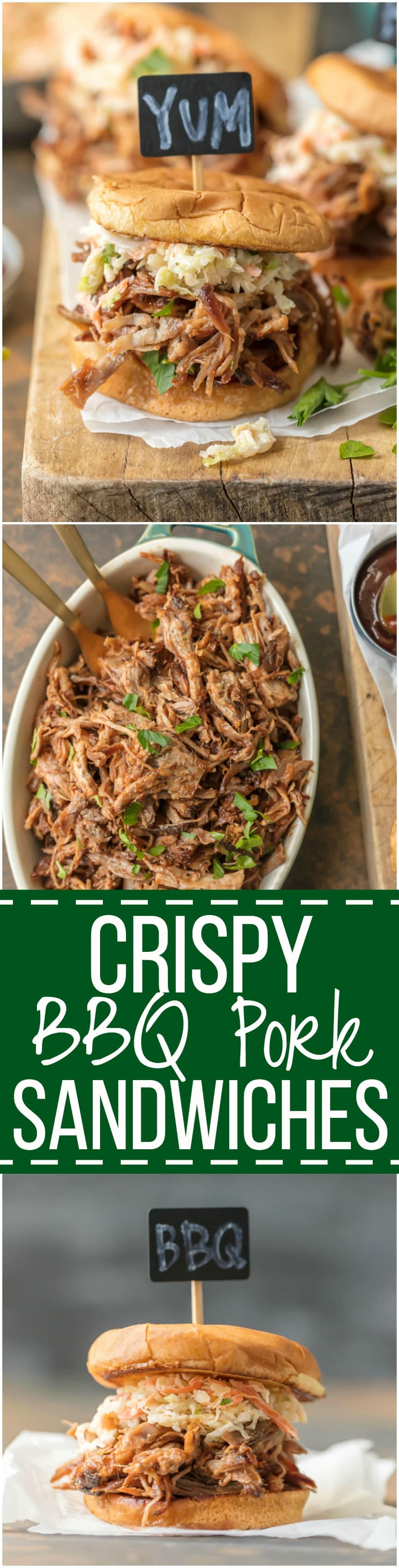 These CRISPY BBQ PORK SANDWICHES are the ultimate fun finger food for any party! Use the meat for sliders, stuff them into quesadillas, or eat it over rice. The possibilities are endless!