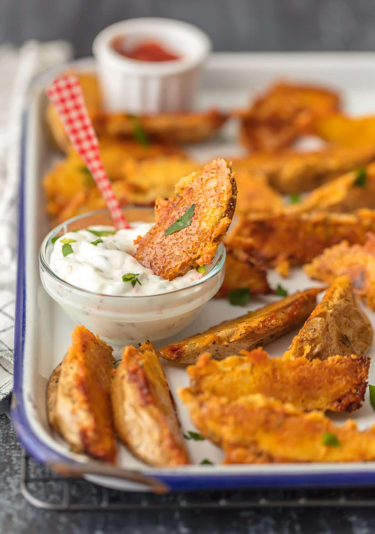 Crispy Baked Potato Wedges recipe with dipping sauces