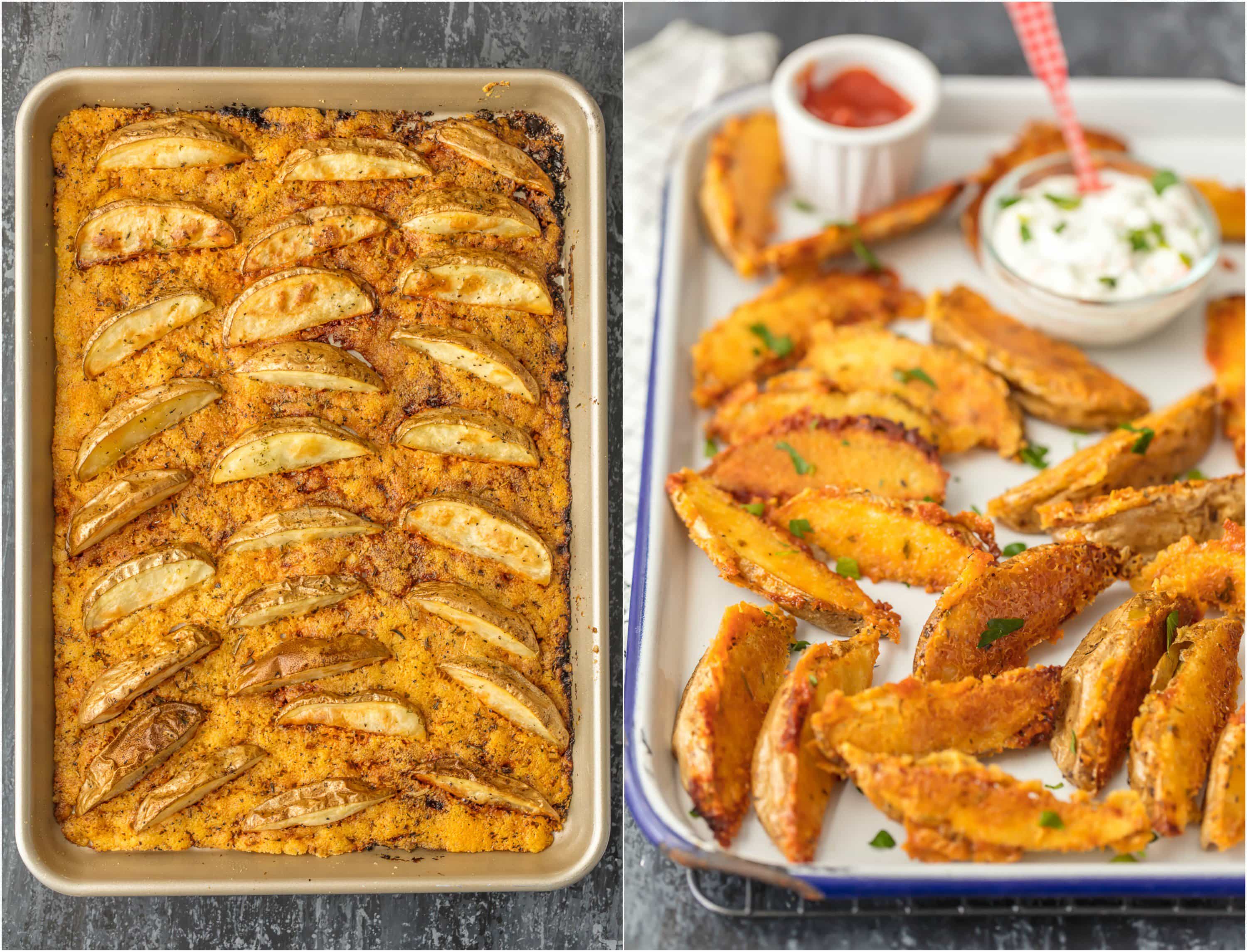 crispy potato wedges on baking sheet