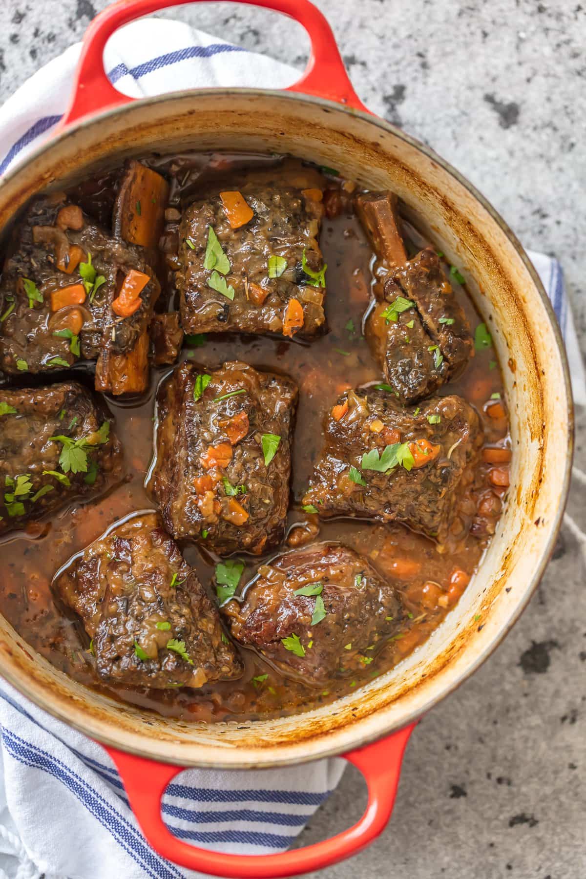 We love these DUTCH OVEN HONEY BOURBON SHORT RIBS! It's so easy to make these flavorful and fall off the bone ribs right in your dutch oven. Less cleanup and more flavor!