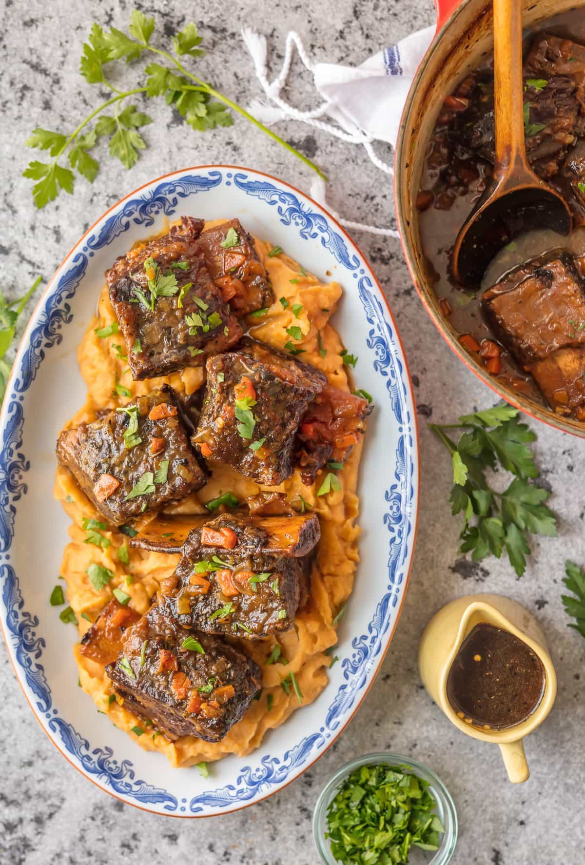 Short Ribs Recipe plated with mashed sweet potatoes