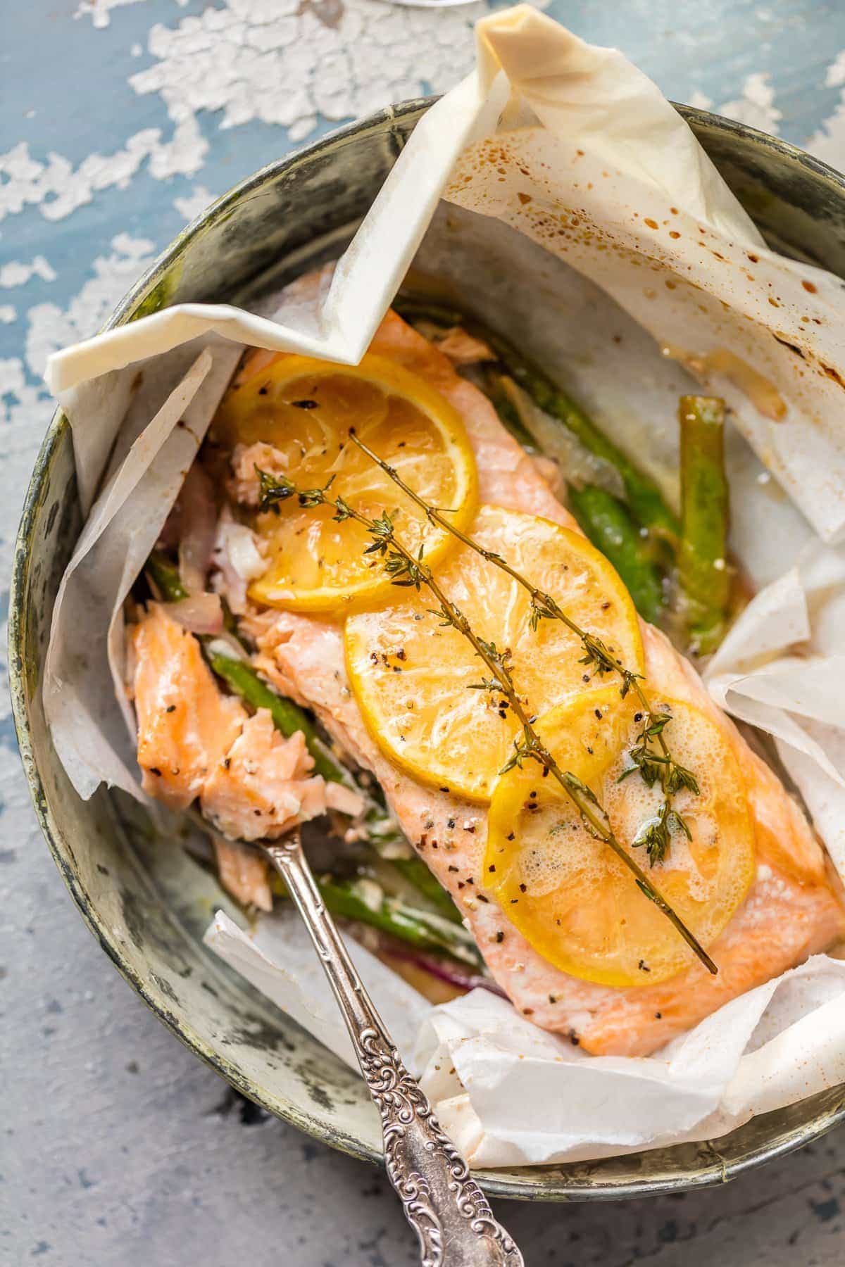 lemon butter salmon and a fork