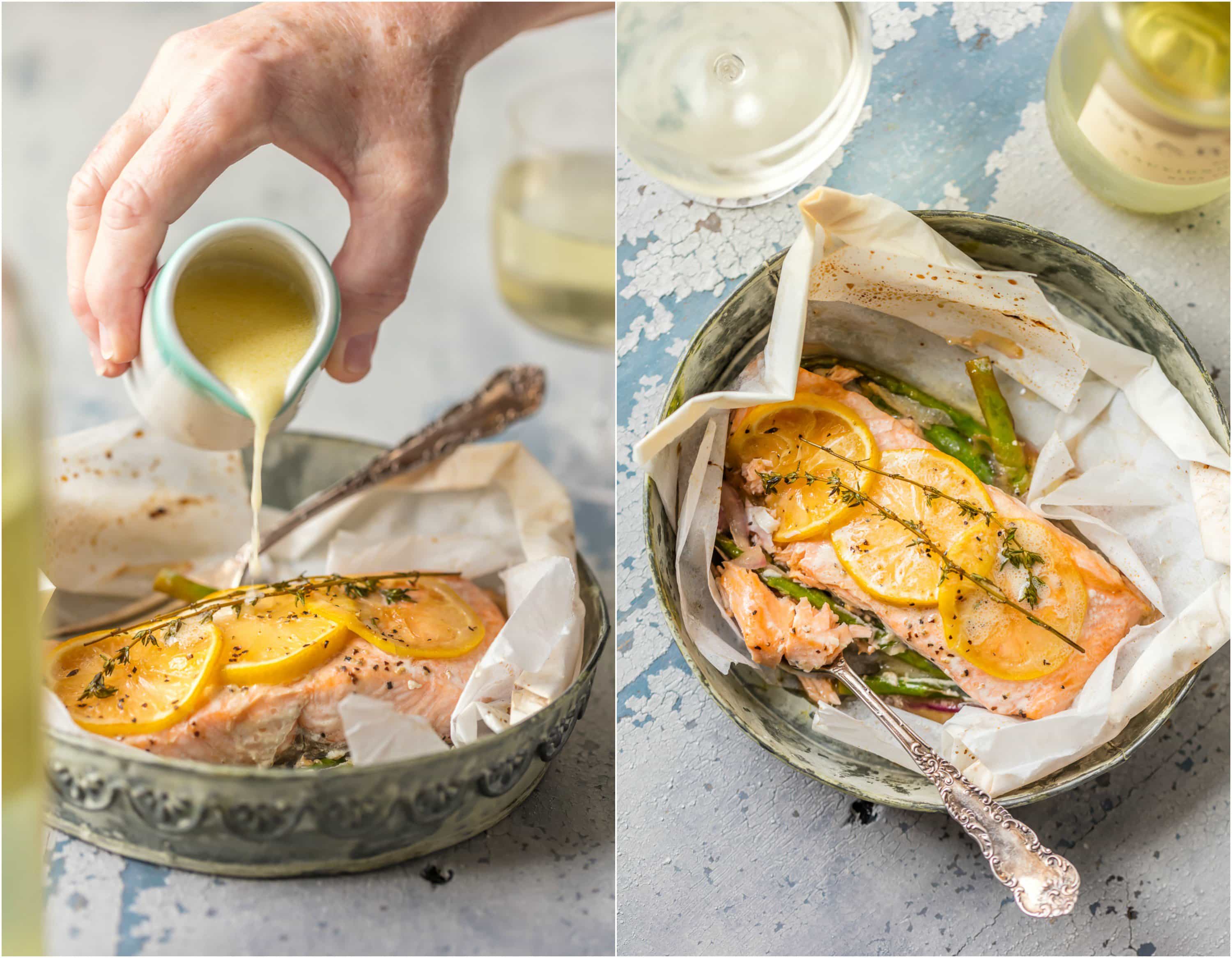 lemon butter being poured on salmon