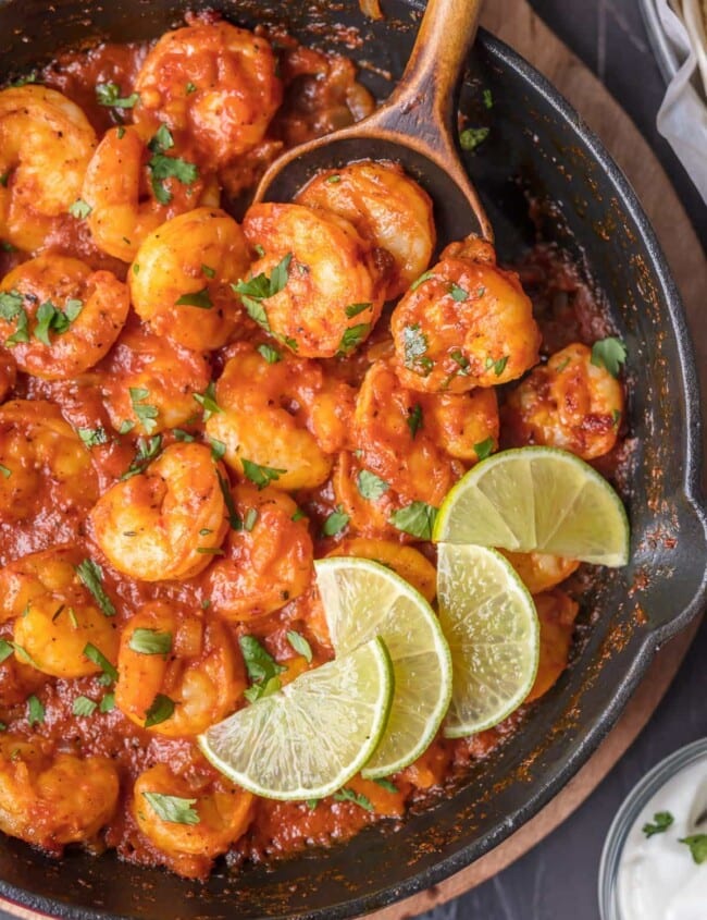 This SKILLET CHIPOTLE SHRIMP is our favorite easy shrimp recipe! Smokey, spicy, and so flavorful! This chipotle shrimp is perfect over pasta or rice for a simple and healthy dinner at home.