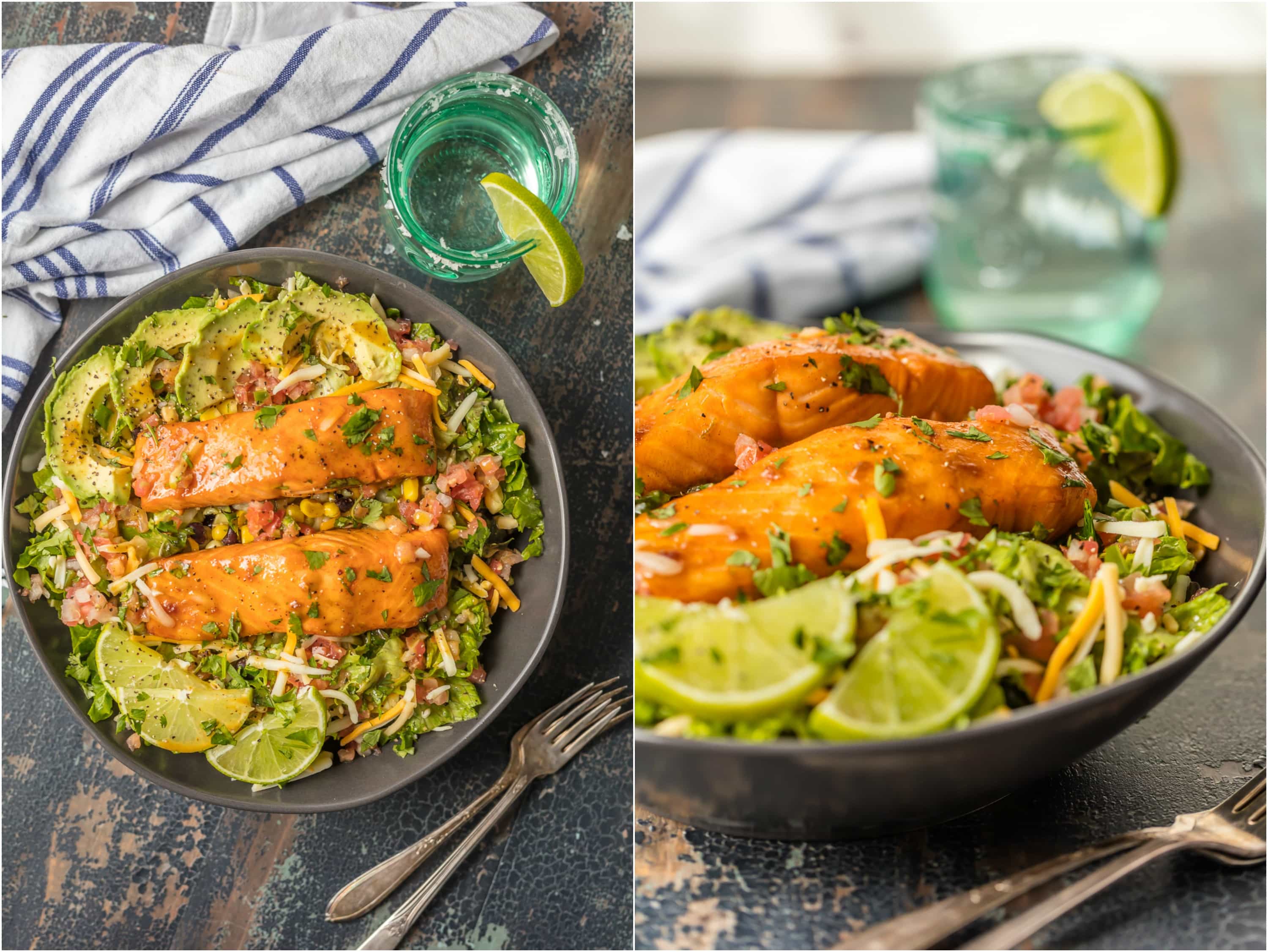 salmon on a bed of salad in a bowl