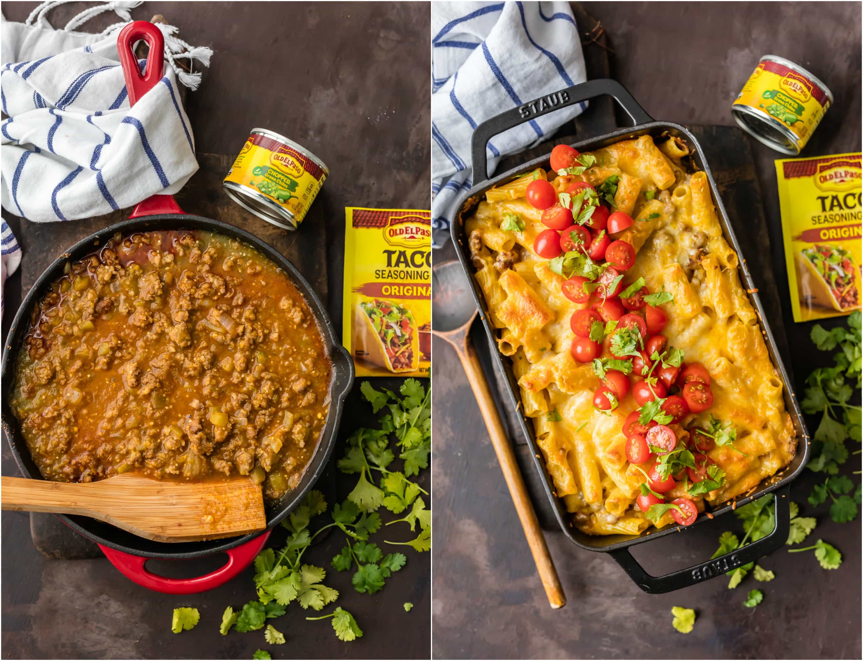 Food on a table, with Macaroni and Macaroni and cheese