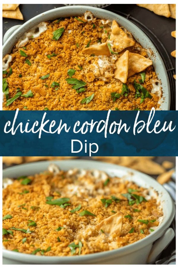 This CHICKEN CORDON BLEU DIP is so tasty and fun! The perfect tailgating dip, tailor made for the Super Bowl, holiday parties, and beyond! Loaded with chicken, ham, swiss, and a white wine sauce!