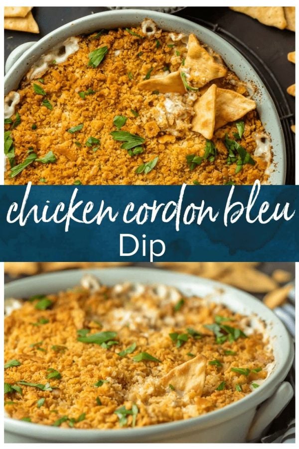 This CHICKEN CORDON BLEU DIP is so tasty and fun! The perfect tailgating dip, tailor made for the Super Bowl, holiday parties, and beyond! Loaded with chicken, ham, swiss, and a white wine sauce!