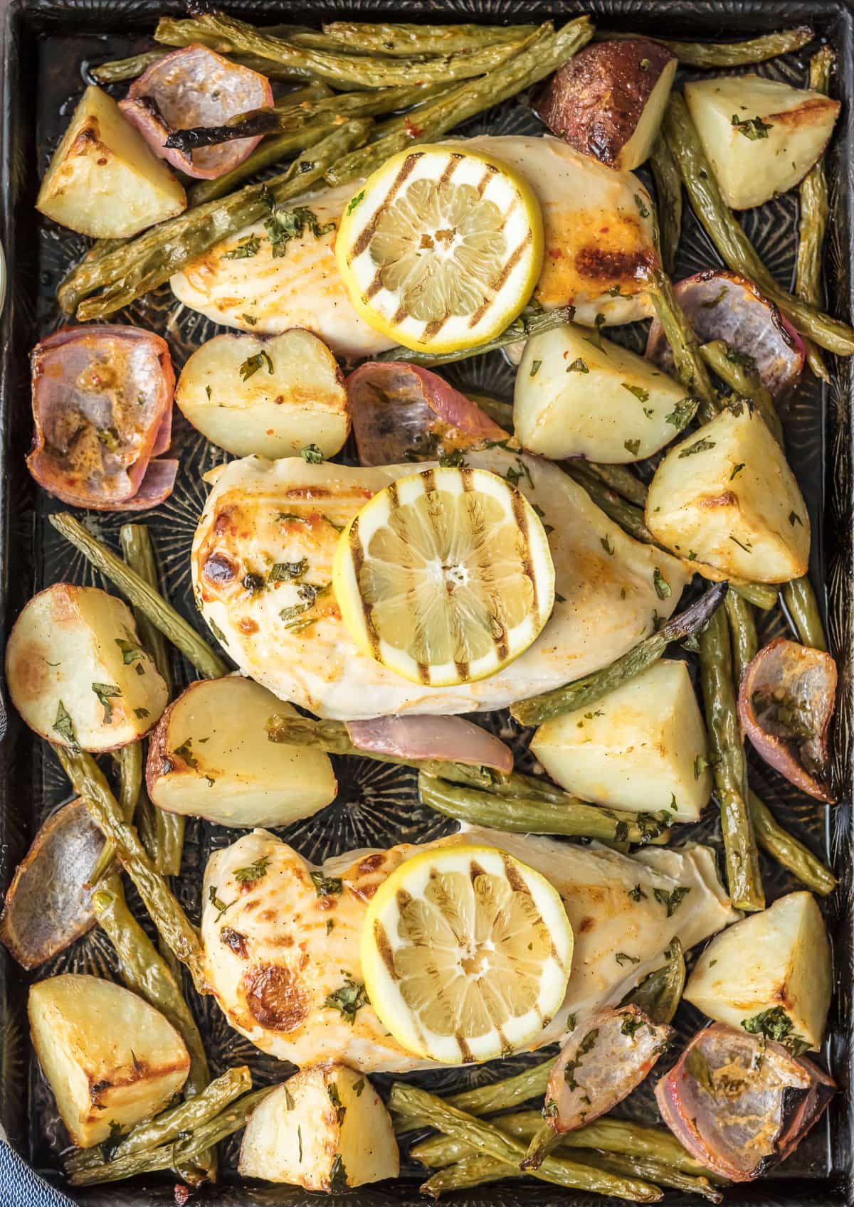 Chili Lime Ranch Chicken, green beans, potatoes, & red onions on one sheet pan