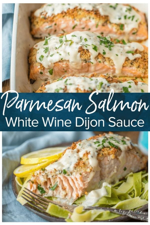 PARMESAN CRUSTED SALMON is our very favorite way to enjoy seafood! I love making salmon because it's delicious AND good for you. This White Wine Dijon Salmon is coated with a crispy garlic Parmesan crust and drenched in an amazing white wine sauce.