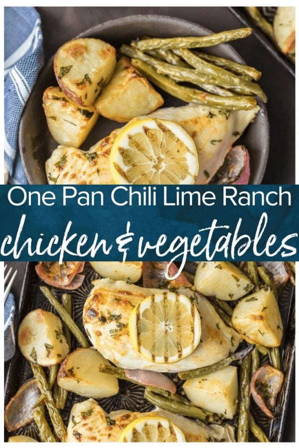 This ONE PAN CHILI LIME RANCH CHICKEN AND VEGETABLES is the absolute easiest healthy dinner recipe out there! Chili Lime Chicken, green beans, potatoes, and onion, tossed in ranch & cooked on one sheet pan.