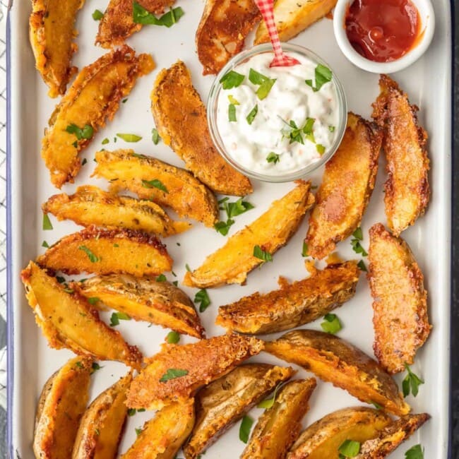 potato wedges on cookie sheet