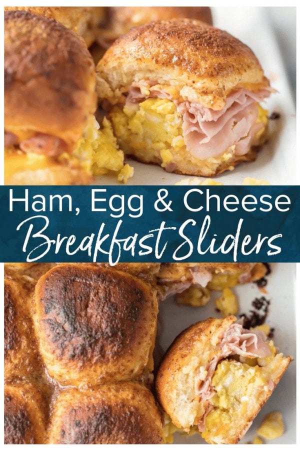 These CHEESY BAKED BREAKFAST SLIDERS are so easy and perfect for feeding a crowd! Baked on Hawaiian rolls with layers of ham, egg, and cheese and topped with a brown sugar dijon butter sauce! TOO GOOD!