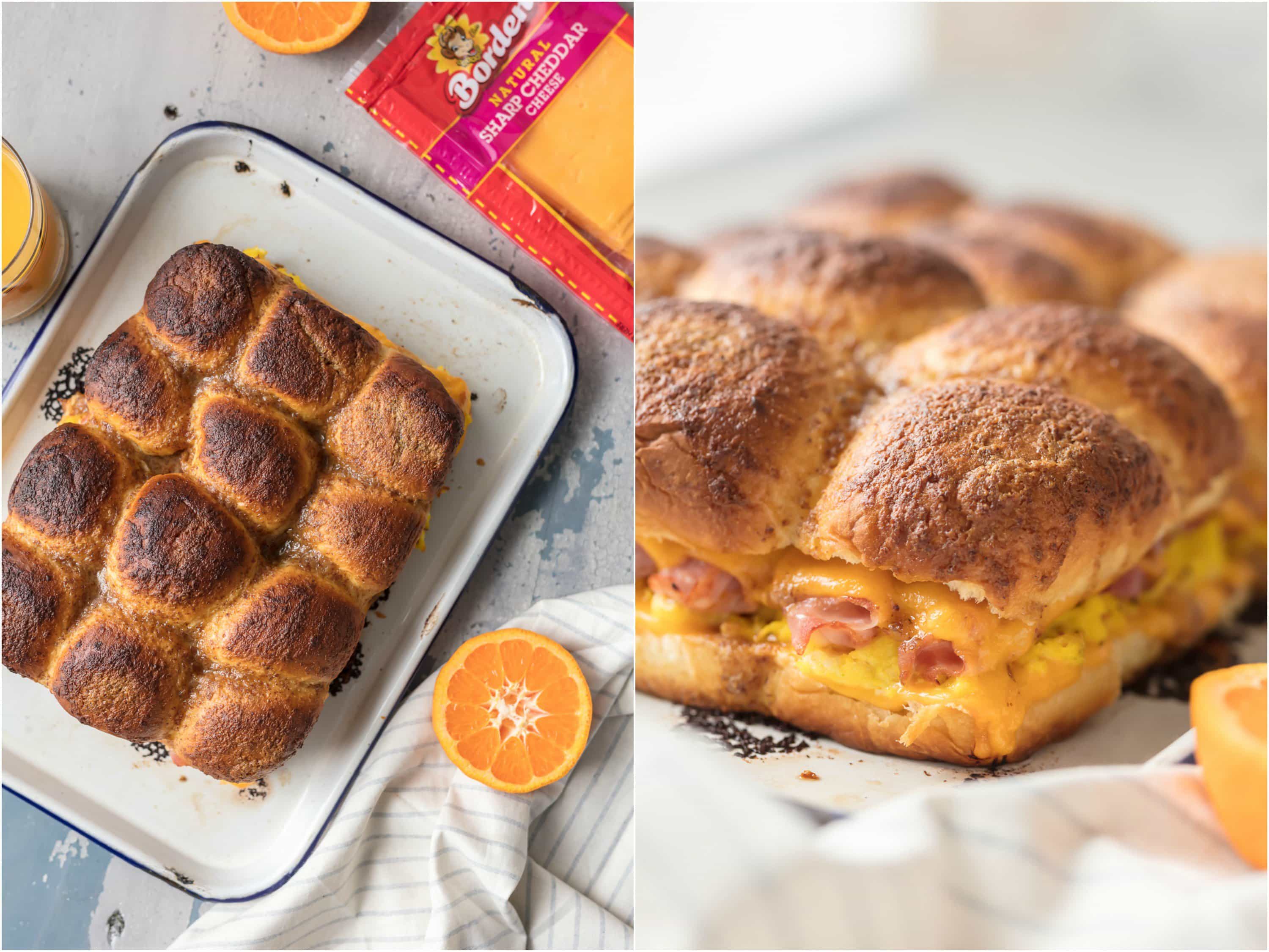 top view of cheesy breakfast sliders and side view of the ingredients inside